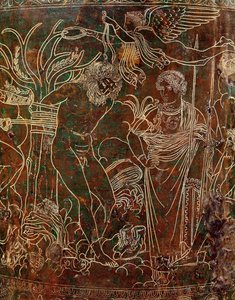 Amycus an einen Baum gebunden von Pollux, Detail von der Ficoroni-Cista, aus Palestrina, ca. 320 v. Chr.